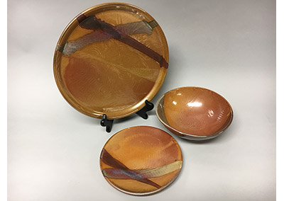 dinner plate salad plate and bowl in Gold Shino glaze